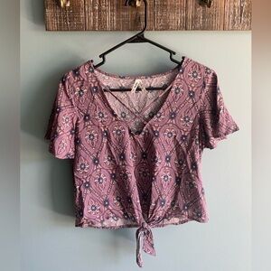 MUDD Junior's Purple Print Tie Front Crop Top size XS